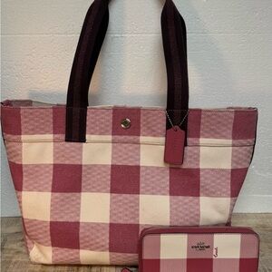 Coach Pink and White Plaid Tote Bag with matching Wallet